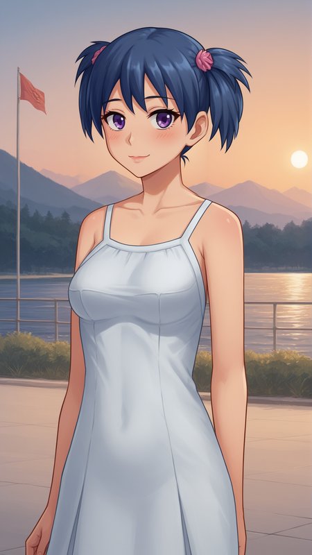 score_9, score_8_up, score_7_up, BREAK source_anime, best quality, masterpiece, ultra detailed,
<lora:Everlasting_Summer_Alena_By_GraffMetal:0.7>, alena, purple eyes, short hair, blue hair, twintails, hair ornament, short twintails, 1girl, solo, 
light smile, blush,
black eyeliner cat eye, pink lips,
dress, sunset, 
amazing background, looking at the camera, looking at the viewer,