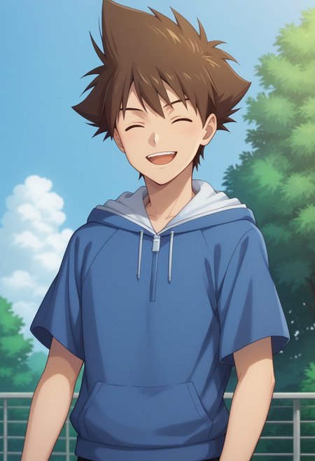 score_9, score_8_up, score_7_up, source_anime, highly detailed, 
taikizu, 1boy, brown hair, male focus, closed eyes, shirt, solo, smile, open mouth, 
upper body, looking at viewer, :d,  short sleeves,
teeth, spiked hair, hoodie, hood, blue hoodie, white hood,
outdoor, sky, tree
