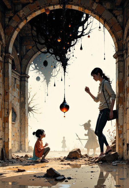 Create a beautifully detailed sketch capturing a fantastical world infused with nostalgia and shadowy intrigue. The style features clean, confident outlines with soft watercolor washes, balancing warmth and accessibility with intricate detail. The palette contrasts muted tones—warm ochres, soft reds, creamy whites—with stark, inky blacks, creating a dramatic interplay of light and shadow that evokes both innocence and mystery. The atmosphere blends vintage children’s book charm with an eerie undertone, as if balanced between reality and a shadowy dreamscape.
Characters should have naturalistic proportions and subtle expressiveness, their features gently exaggerated to reflect curiosity, resilience, or vulnerability. Dynamic shadow puppet figures may emerge in the background, their silhouettes adding to the narrative and reinforcing the duality of light and shadow. The focus will be on a specific subject—From an extreme low angle, a single droplet of ink falls from a shadowy ceiling, captured mid-motion as it splashes onto a white surface. The droplet morphs into a growing swarm of shadow puppets, their shapes spreading outward in intricate detail, casting an ominous aura over the frame—carefully integrated into the scene. The composition is grounded yet surreal, seamlessly merging whimsical simplicity with haunting, thought-provoking detail to invite wonder and introspection.