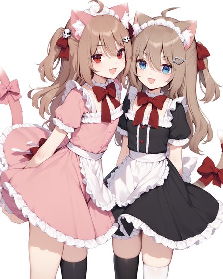 (score_9,score_8_up,score_7_up,score_6_up,score_5_up),animal ears, evil_outfit, neuro_outfit, (turtle:1.2), vedal987, tail, cat ears, 2girls, multiple girls, cat tail, (blue eyes), brown hair, thighhighs, apron, maid, dress, hair ornament, ahoge, (skull hair ornament), maid headdress, cat girl, pink dress, single thighhigh, smile, long hair, two side up, short sleeves, holding, looking at viewer, white apron, red eyes, leaning forward, puffy sleeves, box, frills, cat hair ornament, puffy short sleeves, simple background, frilled choker, white background, open mouth, maid apron, frilled apron, alternate costume, arms behind back, choker, black thighhighs, white thighhighs, animal ear fluff, :d, closed mouth,  <lora:Neuro-Sama_for_PonyXL:1>
