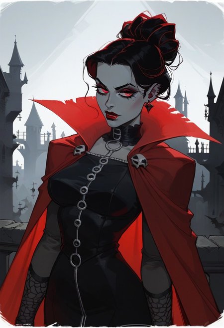 score_9, score_8_up,  score_8_up,  sexy woman, mature face,   vampires, intricate outfit, bobcat hairstyle,  bright red cape,    gothic atmosphere, crows, dark castle, outdoors,  black colors, red colors, detailed background,  simple shadows, flat coloring, flat shadows, thick lines, white outline, Cinematic Composition