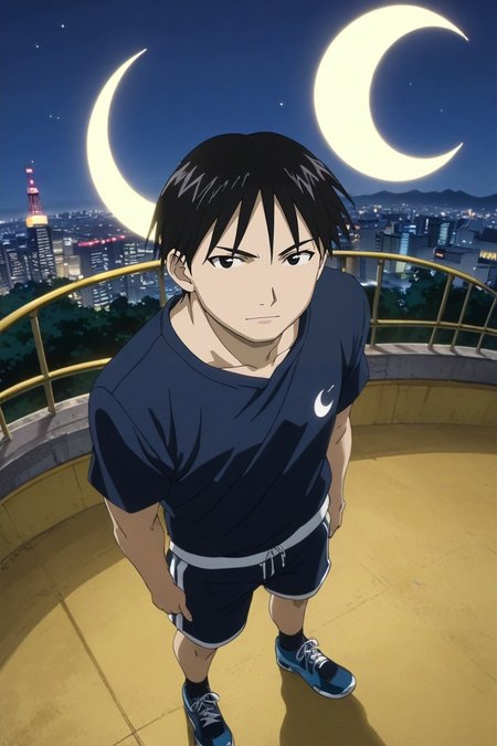score_9, score_8_up, score_7_up, source_anime, rating_safe, intricate details, anime screencap, , official style, looking at viewer, , 1boy, solo, male focus, <lora:roy_mustang_pony:0.94>, roy_mustang, black hair, black eyes, from above, full body, tokyo tower, night, crescent moon, singing, sparkling eyes, gym shorts,, <lora:sdxl_lightning_8step_lora:1>