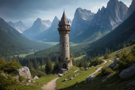 realistic analog photo, award winning photo, vary wide shot of magic stone witow tower on a Mountain peak, (Military watchtower), scenery,  fantasy, Mountain top, path, nature, outdoors, RAW, highres, 8k, uhd, High Dynamic Range, tonemapping, crisp details,