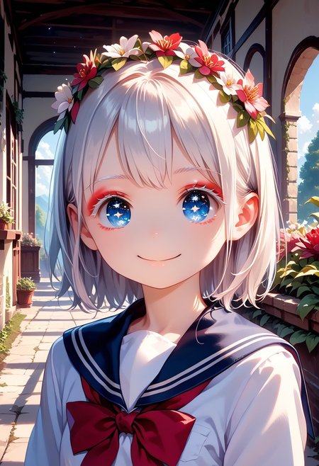 score_9, score_8_up, score_7_up, 1girl, MdaStarouP, masterpiece, best quality, ultra high res, smiling, happy, (detailed eyes:1.2), 8K, Best Quality, Masterpiece, Ultra High Resolution, (Realism: 1.4), Original Photo, (Realistic Skin Texture: 1.3), (Film Grain: 1.3), Sapphire Color Eyes and Beautiful Face Details, Highest Quality Picture Quality, white hair, blue eyes, (red eyeliner), (white eyeshadow), (white eyelashes) ,set in a fantasy world with sparkling stars, fantasy flower crown on her head, school uniform,messy, indoors, clutter, very aesthetic, scenery, outside, house, garden
