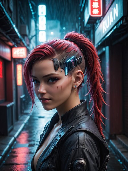 woman, mad-hdwr, cyberpunk, alley, haze, steam, rain, night, neon light, red ponytail, light smile,  <lora:Neon_Cyberpunk_Headware_SDXL:0.8>, raw photo, film grain, Fujifilm XT3, (photorealistic, realistic:1.2), deep shadow,  8k, uhd, dslr, ultra high res