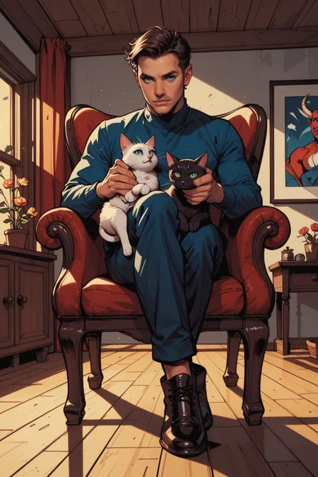 cat, animal, animal focus, holding, indoors, holding animal, no humans, wooden floor, black cat, chair, holding cat, plant, <lora:Expressive_H:0.5>, score_9, score_8_up, score_8_up,, a_Comic_Illustration, rough lines with ink, (drawn:1.1), (sketch:1.5), (crosshatching:1.25), (comic style:1.1), graphic novel style, sharp lines, hires, zstyle, (western comics \(style\):1.1), (hatching \(texture\):1.2), zPDXL, Mr_Monster_Possitive