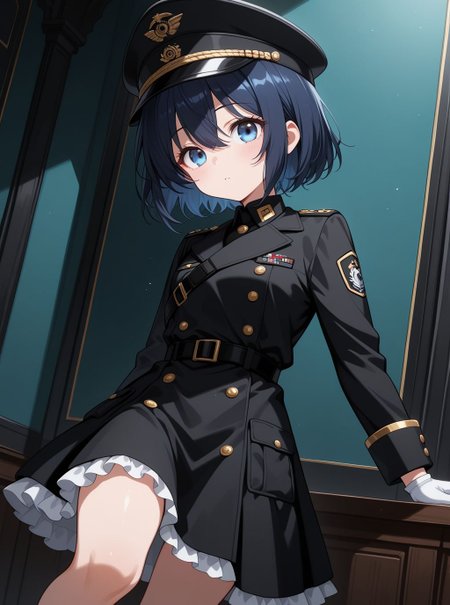 sfw, general, 
<lora:Inui_Sajuna_1213939:1>, 1girl, KJOshion, dark blue hair, blue eyes, hair between eyes, short hair, black military uniform, black frilled dress, long sleeves, wrist cuffs, white gloves, black peaked cap, 
BREAK
general, dutch angle, from front, dynamic pose, <lora:brightness_slider:-0.5>, 
BREAK
masterpiece, best quality, amazing quality, very aesthetic, absurdres, newest, 
<lora:Eyes_High_Definition:0.6>, eyesHD, high gradient eyes, detailed eyes, high definition eyes, 
<lora:LECO_Particles:1>, <lora:LECO_StickClotch:1.5>,