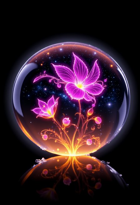 fire flower in a glass ball, space in the background.
 <lora:FLUX_Bioluminescent_Concept:1> bo-bioluminescent 
<lora:Dark Cinematic:1> DRK 
<lora:DarksunRiddV4:1>
 <lora:FL-bailing-24-0906Fire Spirit:1> bailing_fire