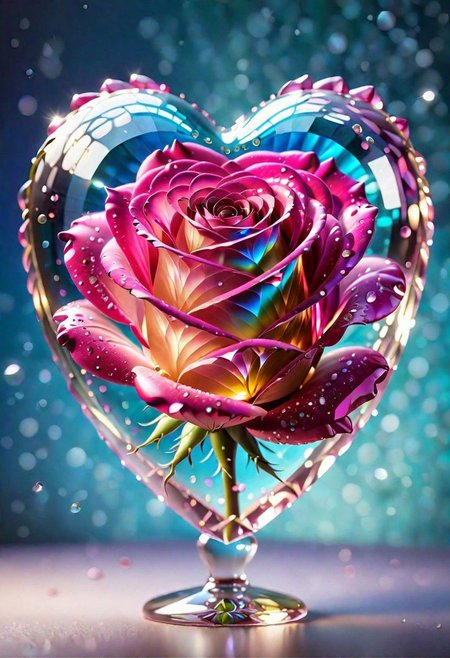 Studio quality, highly detailed, high resolution, smooth crystal heart, glass rose, pink and champagne, shimmering, sparkling, magical glow