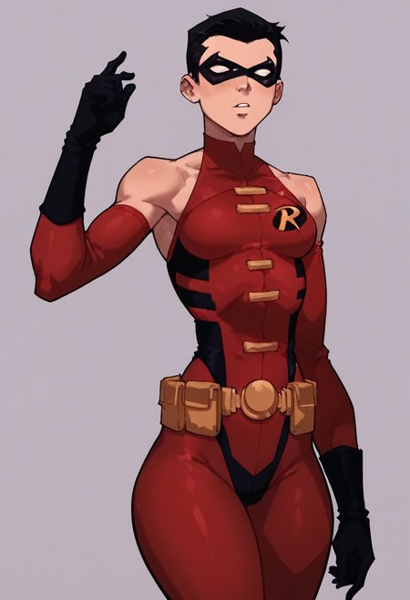 score_9, score_8_up, score_7_up, score_6_up, source_cartoon, rating_explicit, best quality, 12k, solo, 1girl, genderbent small breasts, thick ass2.5, thick thighs:2.2, wide hips:2.2, timdrakeyj, red outfit, robin symbol, no cape, utility belt, domino mask, black hair, leotard, bare shoulders, bare legs