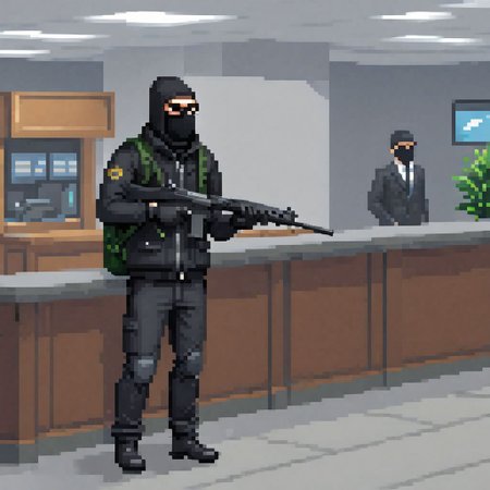 a bank robber holding a rifle, in the middle of a federal bank during a heist, black suit, balaclava, duffel bag, fnfalrfl, pixel art