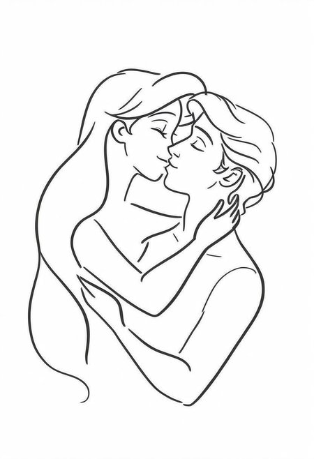 1girl, 1man, romance, upper body, Ariel kissing PrinceEric,, 2 angles, face and side, dynamic portrait sketch, smile,
 Minimalism, Greyscale, Stylized