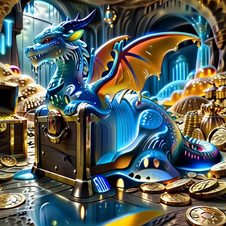 1dragon, highly detailed blue dragon, blue dragon made out of slime, scaly blue slime dragon, slime dragon with red eyes, blue slime dragon laying in its hoard, blue slime dragon with wings, dragon wings, 
multi-colored gems made out of slime, in a room of treasure made out of slime,  gold coins and bars made out of slime, wood-like treasure chest made out of slime, wood-colored slime chest, individual coins made out of slime, gold slime coins, piles of coins, 
treasure-room, treasure, treasure chest, gemstone, coins, gold bars, gold pile, 
everything made of slime, No simple background,
((translucent slime)), ((transparent slime)), (bioluminescent slime), sl1m3, slime, ais-blmn, watce, je11y, thickwater, great lighting, ral-lava, even lighting, no bright spots, saturated colors,