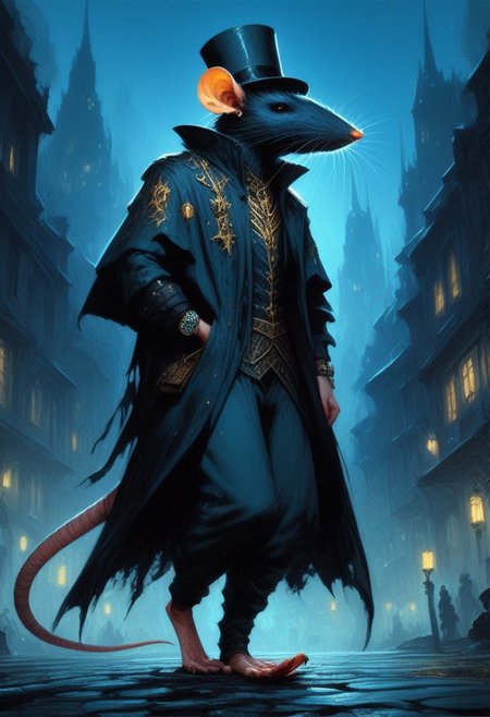BREAK score_9, score_8_up, score_7_up,  night time, city, ominous, rat, top hat, cloak, smug, hands in pockets, gold ring, pocket watch, walking cane, full body shot, (tail: 1.5)
(masterpiece, best quality, ultra detailed, intricate details:1.2), (detailed face:1.1), (rat folk:1.5) <lora:RPGRatFolkXL:1>