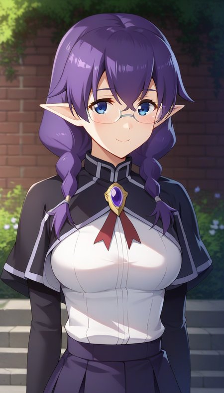 score_9,score_8_up,masterpiece,best quality,correct anatomy,anime_source,1girl,solo,perfect eyes,perfect arms,perfect legs,perfect face,outdoors,upper body,(portrait:1.5),looking at viewer,facing viewer,smile,blush,Maria,long hair,purple hair,twin braids,pointy ears,hair between eyes,bangs,glasses,blue eyes,school uniform,black capelet,long sleeves capelet,brooch,choker,red ribbon,turtleneck shirt,white shirt,juliet sleeves,puffy sleeves,medium breasts,skindentation,miniskirt,purple skirt,pleated skirt,black socks,loafers,<lora:Maria(ek)-Pony:1.6>,