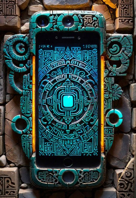 highly detailed close-up of an ancient smartphone, ornate glyphs intricately carved,  glowing with faint neon luminescence, juxtaposed against rough carved stone background, cracked screen