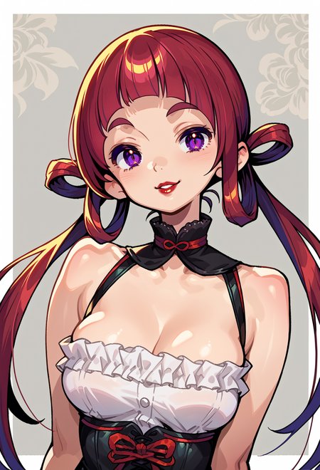 score_9, score_7_up, source_anime, BREAK   <lora:Gyokai:1>, seductive smile, red lips, 1girl, purple eyes, red hair, blunt bangs, low hair rings, medium breasts,