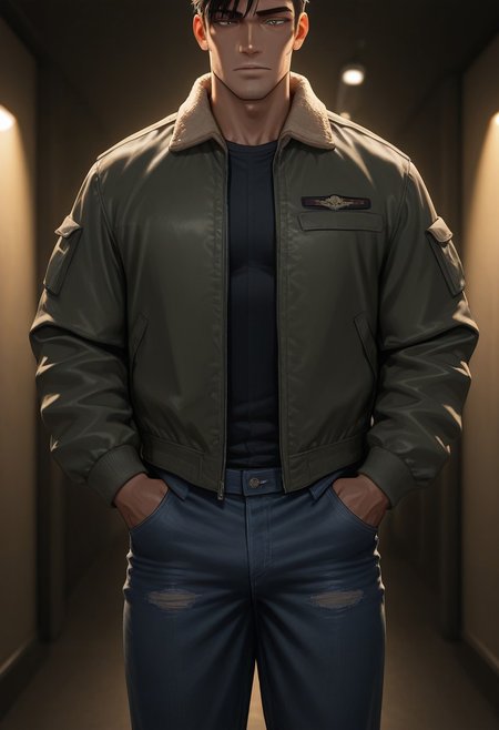 from front,
[正面+キャラ名:99],
1boy,solo,
[品質タグ:99],
masterpiece,perfect quality,best quality,amazing quality,absolutely eye-catching,
[身体特徴:99],
muscle,
[服装:99],
l30mber j4cket,
jacket, pants, denim, 
[﷿ーズと解剖学的詳細:99],
[環境・背景:99],
dynamic lighting,cinematic lighting, professional lighting, 
[追加の品質/スタイルタグ:99],