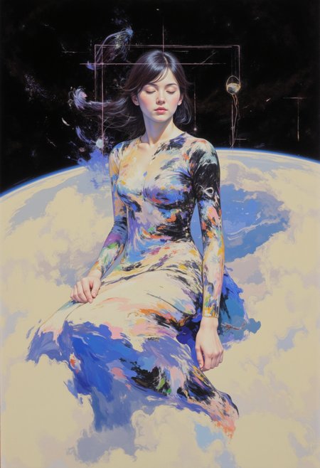 FFAIM, DB4RZ,  a minuscule  geometric glitched sleeping adult  woman god being slowly rising from the surface of the planet through the athmosphere to the outer space, halo, dynamic pose,  symmetrical object orbiting the clouds, Anime-esque, stylized, two tone art, scratchy, scribbled art style, edgy art style, dark, monochrome, dramatic angle, masterpiece, perfect