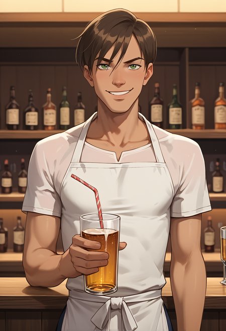 embedding:Pony\Positive\zPDXL3, score_9, score_8_up, score_7_up, 1boy, david_ts!, brown hair, straight hair, green eyes, tanned skin, slim body, white shirt, short sleeves, apron, bar, liquor, cabinet, counter, serving drinks, drinking straws, drinking glasses, smirk, look at viewer, best quality, high resolution, masterpiece.