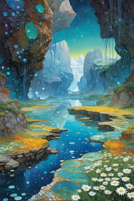 Landscape,Landscape creator,A Crack in Realityto other world,  A lagoon holding liquefied starlight tide pools birthing translucent amoeba-cities,  nebula nursery birthing infant stars, Infestations of corrupted daisies rewriting local physics, glaciers melting upward into floating archipelagos, petals of solidified mist falling, Art painting by Kim Jung Gi and Fiona Staples and Alex Ross, featured on Gustav Klimt,,
<lora:extremely_detailed:0.7> extremely detailed ,
<lora:add-detail-xl:0.7>,
 <lora:softdigital2x2:0.15>,
 <lora:EpicF4nta5yXL:0.3>,, Magic realism painting art style, surreal compositions, vibrant colors, blurs the line between reality and fantasy