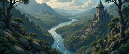 Aerial perspective, sweeping high-altitude view, surreal landscape with ancient arcane ruins emerging from a lush, verdant forest and intertwined serpentine river, ethereal coastal mist, dramatic twilight ambiance, intricate textures, expansive composition, cinematic framing, advanced quality enhancers 8k and masterpiece detail, detailed atmospheric elements, shimmering water reflections, evocative color palette, spatial dynamics, monumental ruins juxtaposed with natural beauty, dynamic geometric forms, layered depth, hyperrealistic and evocative scenery <lora:FluxFantasyDetailerV2:0.5> <lora:MushyFunk:0.8> <lora:ç»ªå¿ CGé£æ»¤éFLUX:0.3> <lora:NeonFantasyPrimeFLUX-000049:0.2> <lora:Ganin_II:0.7> <lora:flux_dev:1>