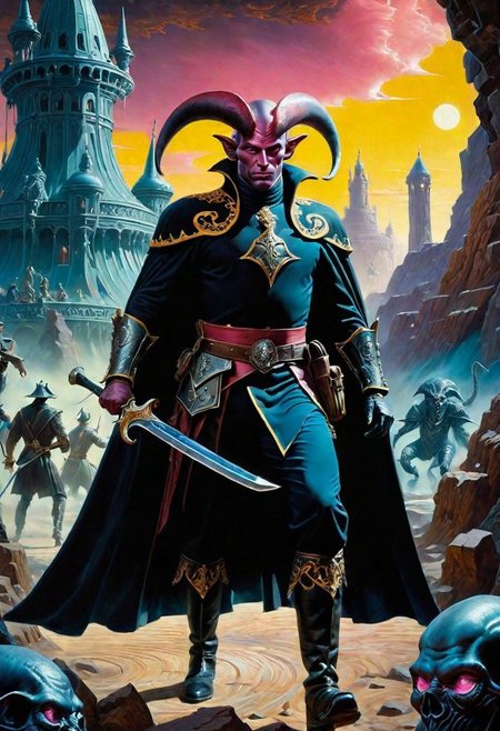 A hyperrealistic 8k photograph was captured by Sid Avery's Hasselblad camera, depicting close-up a handsome+ Tiefling shield bearer with pink+++ skin and slender build during a battle+++, surrounded by Ghouls++, He has a bald head, neon yellow eyes, calm++ and handsome+ and detailed face, cold smile++, mysterious and ominous aura of dark shadows enveloping the figure, Lovecraftian Horror-themed, in the artistic style of Boris Vallejo, Shadows casting an uncanny atmosphere, hints of eldritch dark energy crackling, He is dressed in a musketeer outfit, high details and era-appropriate, the character is wielding a magically radiating+ Backsword+ in the right hand, and he is holding a steel shield+++ in the left hand, Backdrop (background) of a focused landscape of a battle with Ghouls next to a crystal palace, Mysterious composition, imbued with a dark, ambient 3d warm studio backlight.
