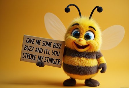 'Buzz the Bee' from Honey Nut Cheerios, , Holding sign that reads "GIVE ME SOME BUZZ AND I'LL LET YOU STROKE MY STINGER"