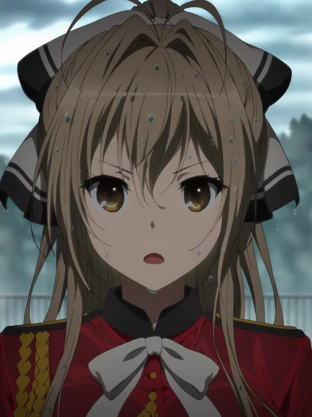 <lora:Isuzu_Sento:0.8>, sento isuzu, 1girl, solo, brown eyes, long brown hair, antenna hair, ponytail, hair ribbon, military uniform, red jacket, white bowtie, epaulettes, aiguillette, serious, open mouth, standing, arms at sides, portrait, looking at viewer, outdoors, sky, cloud, overcast, wet, wet hair, wet clothes, blurry background, dark, low lighting