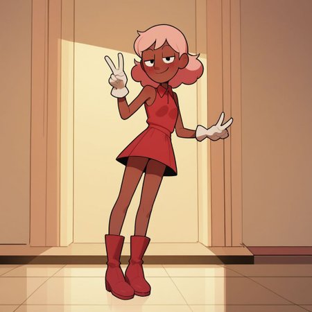 score_9, score_8_up, score_7_up, score_6_up, score_5_up, score_4_up, BREAK, source_anime, connie_maheswaran, indoors, pink hair, small breasts, red boots, white gloves, smile, smug, blush, red top, sleeveless, red skirt, peace sign, pantsless