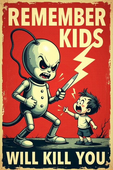 Generate an image in the style of a vintage 1950s public service announcement or propaganda poster. The image should be a warning sign with a dark humor theme. Depict a menacing, personified electricity bolt character holding a knife and pointed at a terrified cartoon child. Include the text "REMEMBER KIDS" and "ELECTRICITY WILL KILL YOU".  Use a bold, vintage font, a red, white, and black color scheme, lightning bolt symbols and a grainy texture. Keywords: vintage cartoon, propaganda poster, 1950s, public service announcement, warning, electricity, danger, funny, dark humor, retro  <lora:REMEs_War_Poster_Style:0.9> In REME's War Poster Style,âââ