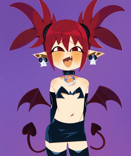 score_9, score_8_up. score_7_up,  <lora:noxintwice:1>, noxintwice,
 score_9, noxintwice, 1girl, etna (disgaea), demon tail, demon wings, red hair, pointy ears, skull earrings, jewelry, red eyes, black thighhighs, fang, flat chest, demon girl, navel, black skirt, elbow gloves, looking at viewer, open mouth, smile, twintails, blush, arms behind back, choker, black gloves, miniskirt, collar, cowboy shot, :d, purple background, bare shoulders, simple background, bat wings
