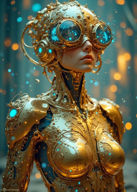 Wide-angle 11mm lens photo.
A biomechanical cyber-woman stands tall, her figure exuding confidence and power. Her polished gold suit is a marvel of engineering, a seamless fusion of organic and mechanical elements. 
Intricate circuitry weaves through her skin, tracing blue energy patterns that resemble delicate lacework. The golden filigree of her design shimmers, catching the light and casting a mesmerizing glow.  The suit is carved with dazzlingly intricate inlay, the carvings glowing bright blue from energy passing within.
Her face is partially obscured by a pair of elaborate gold steampunk goggles, their polished frames adding a touch of elegance to her futuristic attire. The goggles, adorned with intricate gears and delicate filigree, enhance her mysterious aura. Her feet are encased in what appear to be high-heeled shoes, their sleek design echoing the cybernetic aesthetic of her overall appearance.
The background is a soft, ethereal blur, creating a sense of depth and mystery. The cyber-woman seems to emerge from this ethereal realm, her presence commanding attention. Glowing, otherworldly highlights accentuate her form, emphasizing the intricate details of her design. The overall effect is a captivating blend of cyberpunk, baroque, and fantasy, creating a visually stunning image.
 <lora:ImageUpgraderV2:0.777> detailmaximizer,  <lora:aidmaMJ6.1_v0.3:0.111> aidmaMJ6.1,  <lora:Aura_Flux:0.111> fire, lightning, glowing auras,  <lora:CosmicStyleFLUX:0.222> CosmicStyle,  <lora:Opal_Fantasy_Flux:0.222> glowing opal fantasy, made of opal, opalescence,  <lora:zavy-flrscnt-fxl:0.111> zavy-flrscnt,, RAW candid cinema, 16mm, color graded portra 400 film, remarkable color, ultra realistic, textured skin, remarkable detailed pupils, realistic dull skin noise, visible skin detail, skin fuzz, dry skin, shot with cinematic camera