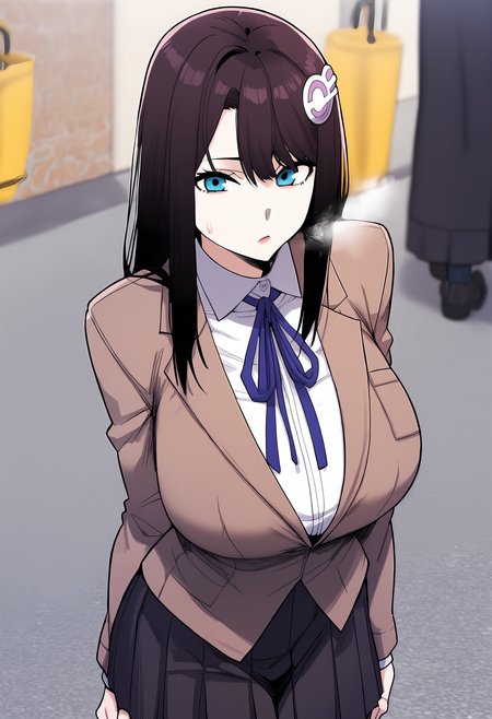 score_9, score_8_up, score_7_up, score_6_up, source_anime, rating_explicit, <lora:neg4all_bdsqlsz_V3.5:2.0>1girl, (solo:1.1), huge breasts, <lora:Park Jung-Ahponyxl:1> hair ornament, long hair, blue eyes, brown hair, black hair, sidelocks, school uniform, blue ribbon, neck ribbon, brown jacket, white shirt, collared shirt, long sleeves, black skirt, pleated skirt, expressionless, Narrow shoulders, heavy breathing, steaming body, street, outdoors, looking at viewer