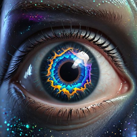 biolumen, detailed eye, iris, cornea, pupil, art, ,universe,luminous human eye, galaxy, night sky, BL4CK3STBL4CK, black_theme, matte_color, flat color