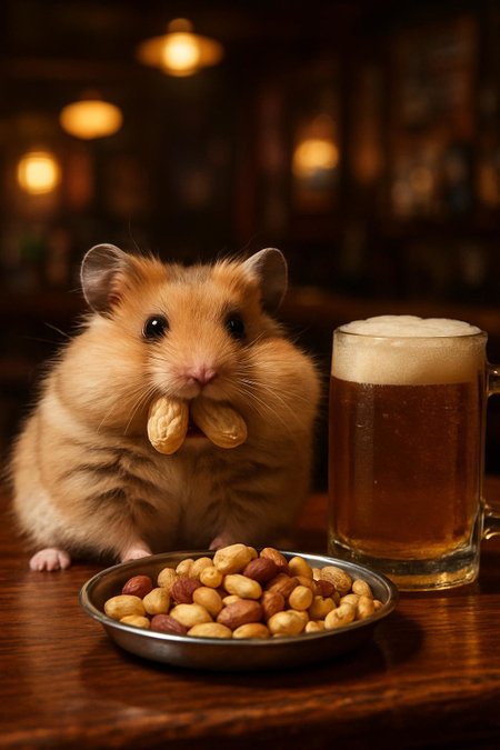 Generate me a cute, fluffy, hungry hamster with its cheeks stuffed with peanuts. Its set in a dive bar. Next to the hamster is a small tray of mixed nuts and a large cold mug of beer.  cute, fluffy, realistic, 8k, uhd, high quality, depth of field,