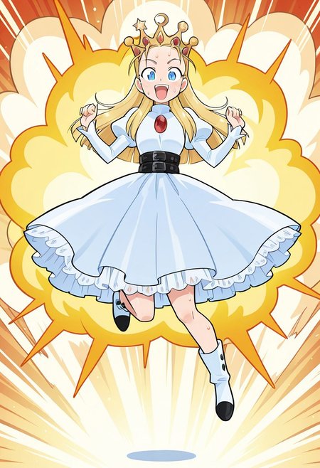 1girl, solo, dvltte, long blonde hair, hair slicked back, crown, blue eyes, slit pupils, white dress, puffy juliet sleeves, explosion background, jumping, open mouth, smile, sweating, full body,