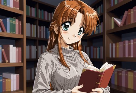 detailed background, shiny skin, rating safe, <lora:komirin.pony:1.0>, komirin, seina, solo, female focus, smile, medium breasts, grey sweater, long sleeves, upper body, standing, reading book, indoors, library, bookshelves