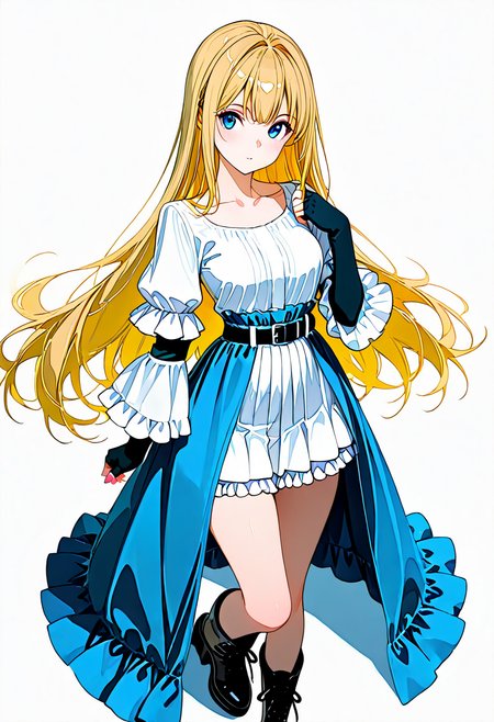 masterpiece, ultra-HD, very aesthetic, 8K, high detail, depth of field, score_9, score_8_up, 
BREAK
BREAK
1girl, solo, blonde hair, Ruffle Stand Neck, ((layered sleeves, (blue inner long ruffled sleeves:1.1), white outer short sleeves, (fingerless gloves:0.95)), ), black short platform boots, (white High-waisted frilled  dress, waist belt, petticoat, (white short skirt:1.3), (blue inner long overskirt:1.2)), 
BREAK
<lora:Layered_Sleeve_and_Blue_Draped_Skirt_Dress:1>,
