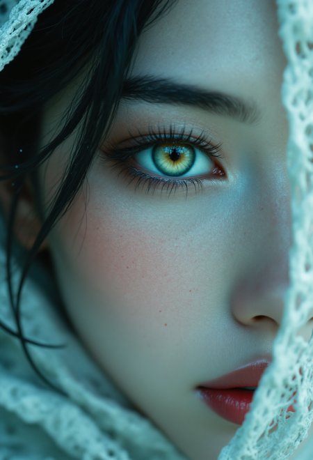 cinematic still, hyper realistic art A mesmerizing image capturing the essence of ethereal beauty ,
bright green eyes , beautiful Korean woman, thick lashes, mascara, perfect supernatural ethereal  eyes
Hair like black silk fell to her waist
dreamlike, otherworldly
she appeared with the grace of moonlight on still water. Her robe was of the finest gossamer, pale blue like the mist over a mountain lake, flowing around her like drifting clouds. Her face was as calm as a temple bell, eyes long and tender as brushstrokes on silk
 <lora:aidmaFLuxPro1.1_v0.3:0.85> aidmafluxpro1.1