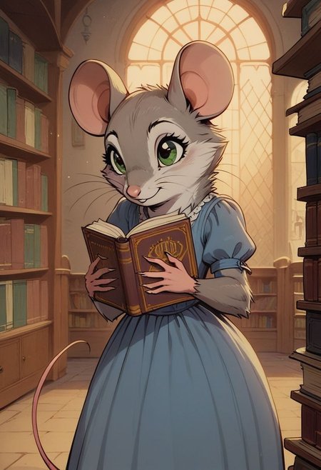 score_9, score_8_up, score_8, solo, (fluffy:0.7), feral, (feral), ((indoors)), (((mouse))), female, greenish eyes, (blue-grey fur), white fur, grey ears, claws, (fluffy cheeks:0.5), (simple blue dress), in the style of beatrix potter, (cartoon style) fca style, cel-shading, village, (upper body shot), (cute), carry closed book, solo, (solo:1.5), library
