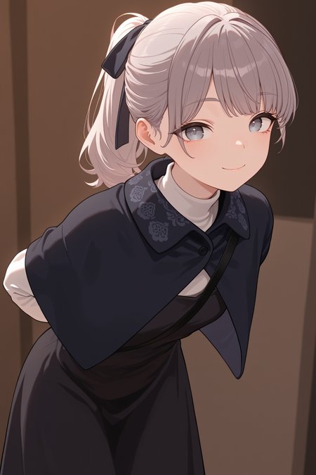 masterpiece, best quality, absurdres, safe
1girl, lapwing, grey hair, grey eyes, ponytail, hair ribbon,
black capelet, black dress, strap, turtleneck, white sleeves,
smile, looking at viewer, closed mouth,
leaning forward, arms behind back
<lora:lapwing_il_2_d16:1>