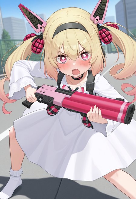ikinone_tomeru, blonde hair, twintails, hairband, multicolored hair, black hairband, hair ribbon, pink eyes, long hair, gradient hair, headgear, hair between eyes ,drill hair, mechanical ears, white square pupils,
choker, white dress,ong sleeves, grenade, bow, ribbon, official alternate costume, white socks, no shoes,
holding pink weapon,
<lora:ikinone_tomeru_Illustrious-XL_2.0_v1:1>,, IllusP0s,masterpiece, best quality, amazing quality, very aesthetic, absurdres, newest
solo,1girl,, standing, (dynamic pose,fighting stance), open mouth, blush, v-shaped eyebrows, 
looking at viewer,(upper body, close-up),
(outdoors, )