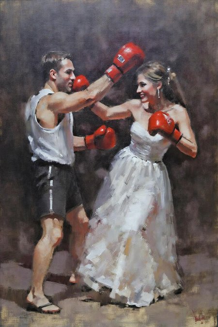 marklague1 painting.
 A man and a woman, wearing red gloves, boxing at a wedding.  <lora:marklague1_cap_d8a4e12:1.0><lora:855128005008164371:0>