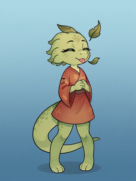 score_9_up, score_8_up, rating_safe, furry female, solo, scalie, lihzahrd_\(terraria\), green body, leaf clothing, tongue out, silly, closed eyes, full body, front, gradient background, blue background, red background, <lora:Lihahrd-000009:0.7>