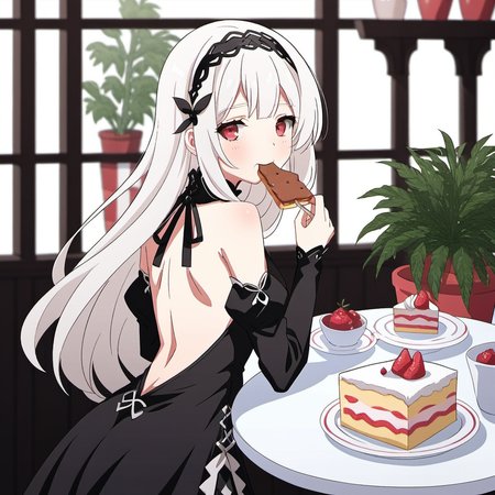 1girl, back, black dress, cake, chicken leg, detached sleeves, dress, eating, food, hairband, long hair, looking at viewer, petite, plant, plate, potted plant, red eyes, solo, table, white hair
