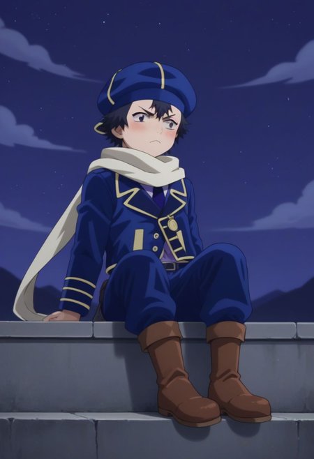 score_9, score_8_up, score_7_up, source_anime, highly detailed, human child,
zazie, 1boy, male_focus, solo, uniform, blue uniform, jacket, pants, soks, boots, hat, scarf, black hair, white scarf, short hair, sit, frown, blush,
outdoor, night sky,