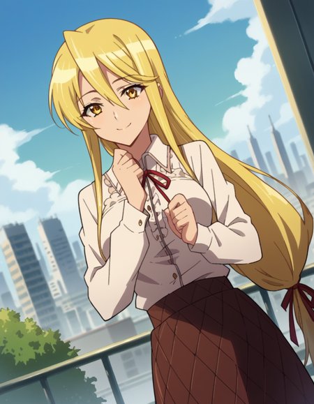 score_9, score_8_up, score_7_up, source_anime,
shizukamarikawa, <lora:shizuka-marikawa-ponyxl-lora-nochekaiser:1>,
shizuka marikawa, long hair, blonde hair, very long hair, low-tied long hair, yellow eyes, hair between eyes, smile,
skirt, shirt, long sleeves, ribbon, white shirt, frills, centered frills,
outdoors, cityscape,
looking at viewer, cowboy shot, dutch angle,