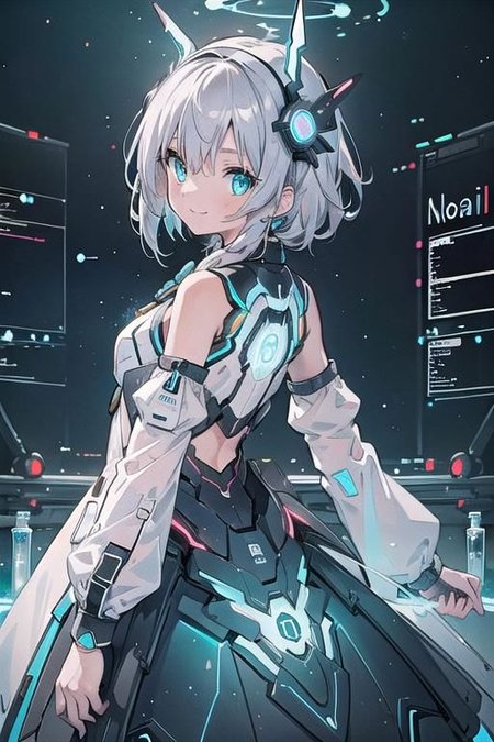 (masterpiece), (science fiction:1.4), 1girl, her back turned, smile, silver hair, aqua eyes, headgear, long sleeves, detached sleeves, glowing energy clothing, light particles
