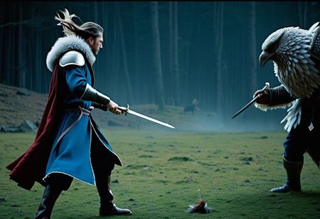 (our hero wielding a feathered quill in battle against a monster wielding a broadsword), quill, action scene, cinematic, film grain, vivid colors, masterpiece, freeze frame, quill vs sword, embodies the saying "the pen is mightier than the sword"